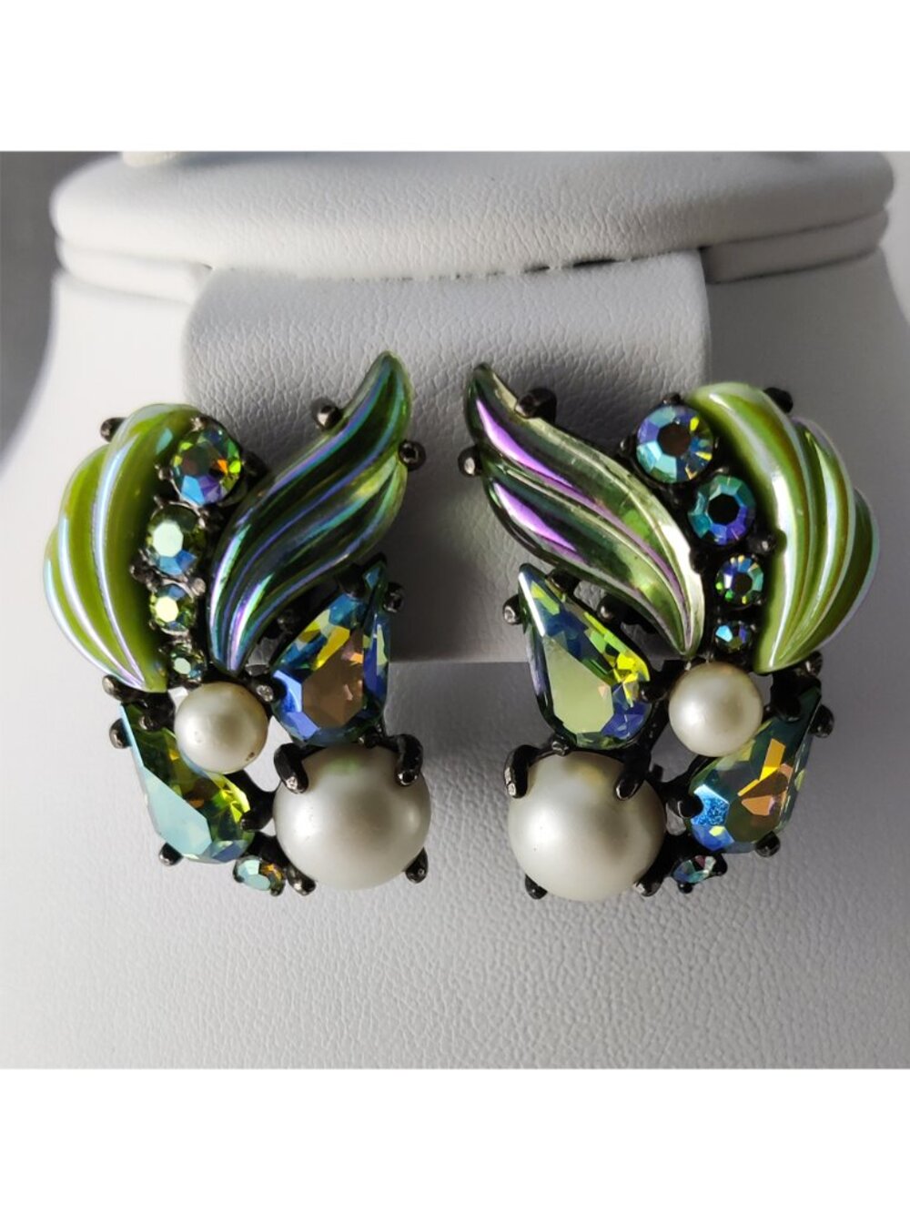 Vintage 50s Signed Schiaparelli Earrings Pat 156452 Iridescent AB Crystals Pearl